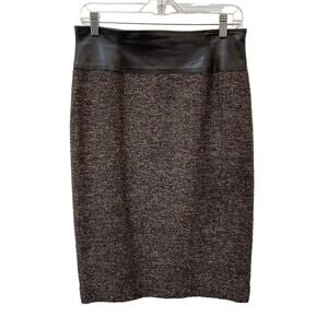 Lafayette 148 Leather Wool Blend Tweed Pencil Skirt Women's Size 6 Black Brown